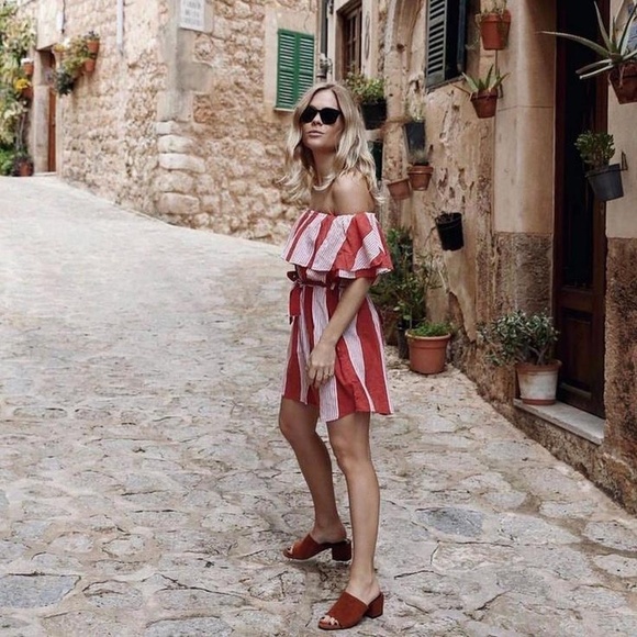 Faithfull the Brand Amalfi Rust-Red Striped Off-Shoulder Mini Dress • Size S - Picture 2 of 14